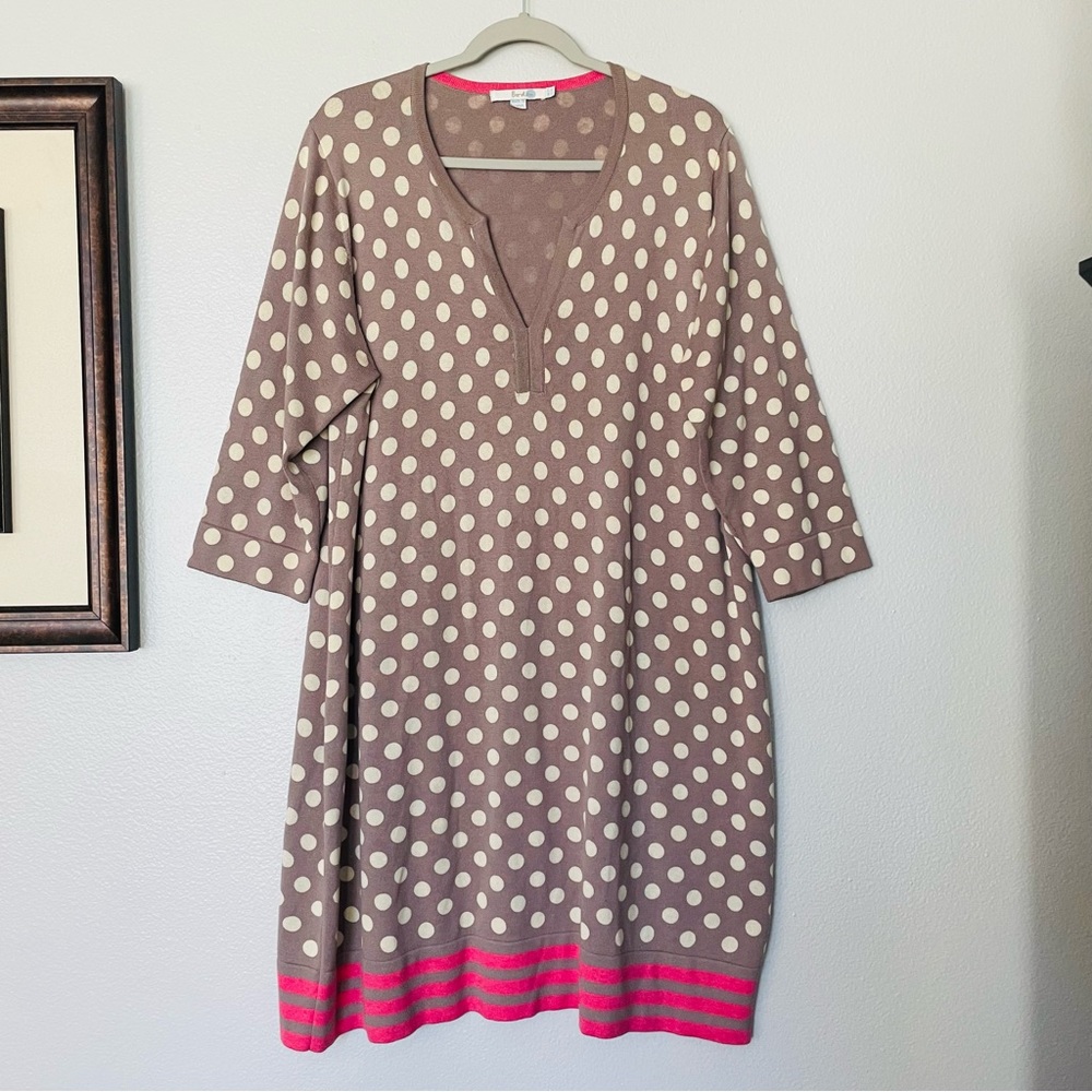 Boden Taupe Polka Dot Knit Dress with Pink Stripe Hem